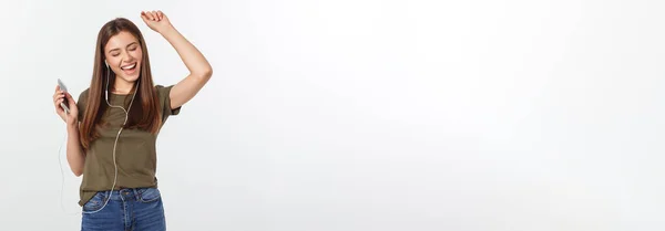 Портрет Веселої Милої Жінки Яка Слухає Музику Навушниках Танцює Ізольовано — стокове фото