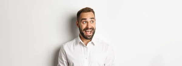 Close Happy Surprised Man Looking Left Excitement White Background Copy — Stock Photo, Image