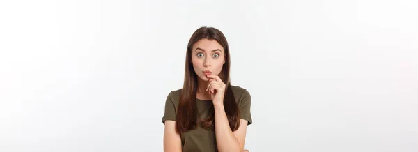 Amazement Woman Excited Looking Side Surprised Happy Young Woman Looking — Stock Photo, Image