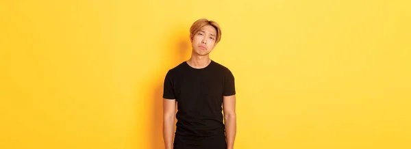 Portrait Exhausted Sad Asian Guy Looking Sad Standing Drained Yellow — Stock Photo, Image