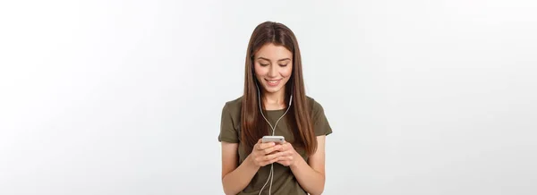 Portrait Cheerful Cute Woman Listening Music Headphones Dancing Isolated White — Stock Photo, Image
