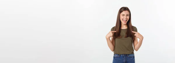 Portrait Happy Surprised Young Lady Standing Isolated Grey Background Looking — Stock Photo, Image