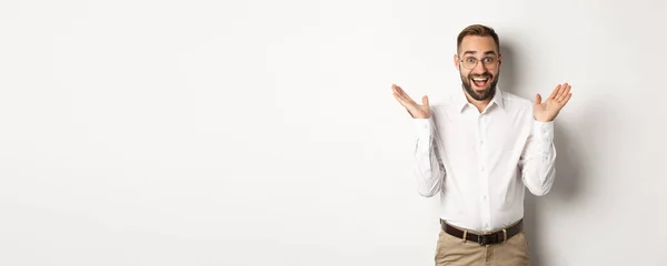 Surpreendido Empreendedor Masculino Feliz Palmas Mãos Sorrindo Olhando Espantado Para — Fotografia de Stock