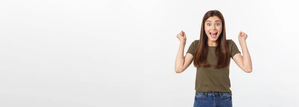 Ganhar Mulher Sucesso Feliz Extático Celebrando Ser Vencedor Imagem Dinâmica — Fotografia de Stock