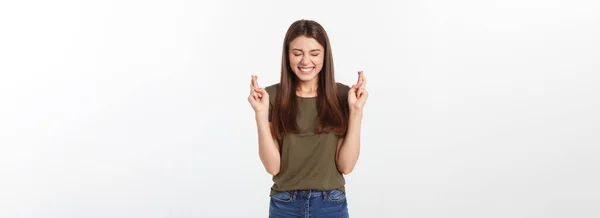 Closeup Portrait Hopeful Beautiful Woman Crossing Her Fingers Open Eyes — Stock Photo, Image