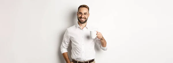 Handsome Businessman Drinking Coffee Smiling Standing White Background — 图库照片