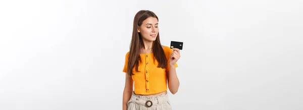 Beautiful Friendly Smiling Confident Girl Showing Black Card Hand Isolated — Stock Photo, Image