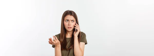 Worried Young Woman Looks Nervously Female Nervous While Talking Phone — Stock Photo, Image