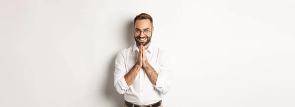 Sly Tevreden Man Met Een Idee Wrijven Handen Iets Beramen — Stockfoto