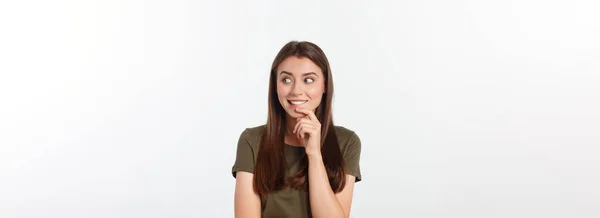 Amazement Woman Excited Looking Side Surprised Happy Young Woman Looking — Stock Photo, Image