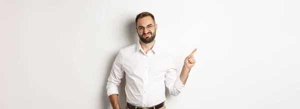 Skeptical Male Entrepreneur Grimacing Pointing Finger Left Displeased Face Complaining — Stock Photo, Image