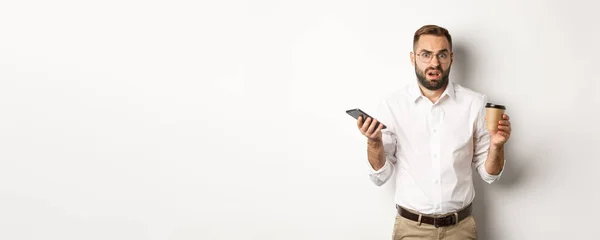 Image Man Drinking Coffee Feeling Confused Strange Message Mobile Phone — Stock Photo, Image