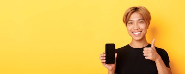 Tatmin olmuş yakışıklı, sarışın Asyalı bir adam. Onay ve akıllı telefon ekranında onayını veriyor. Sarı arka planda duruyor..