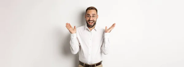 Surprised Happy Male Entrepreneur Clap Hands Smiling Looking Amazed Camera — Stock Photo, Image