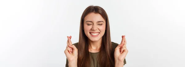 Primer Plano Retrato Esperanzador Hermosa Mujer Cruzando Los Dedos Abrir —  Fotos de Stock