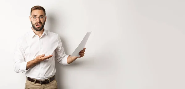 Disappointed Boss Scolding Bad Report Pointing Documents Looking Confused Standing — Stock Photo, Image