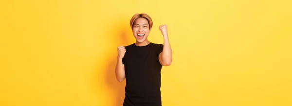 Retrato Triunfar Confiado Hombre Asiático Bomba Puño Sonriendo Feliz Celebrando — Foto de Stock