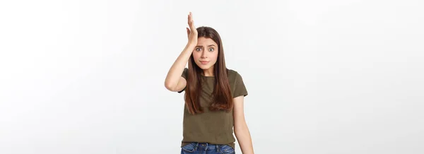 Menina Com Olhar Suspeito Mão Seu Lado Fundo Isolado Branco — Fotografia de Stock