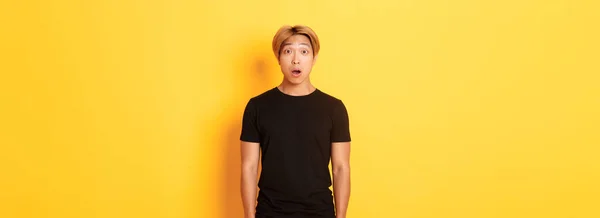 Portrait Startled Handsome Asian Blond Guy Drop Jaw Gasping Impressed — Stock Photo, Image