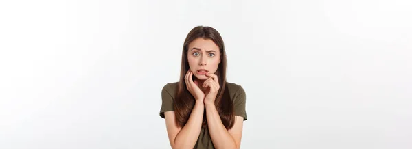 Isolated Shot Speechless Concerned Shocked Angry Woman Expressing Silence Misconceptions — Stock Photo, Image
