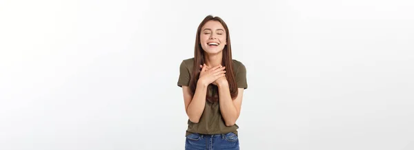 Gülen Mutlu Kadın Mükemmel Bir Gülüşle Gülümseyen Yakın Plan Gri — Stok fotoğraf