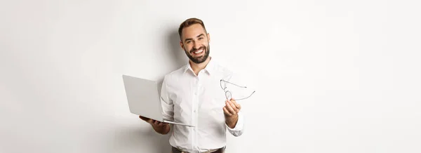 Satisfied Businessman Praising Good Job While Checking Laptop Standing White — Stock Photo, Image