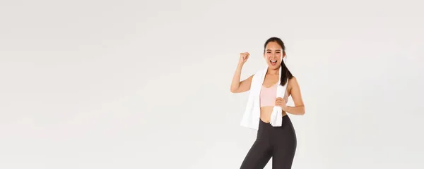 Sport Fitness Gezond Lichaamsconcept Volledige Lengte Van Aangemoedigd Gemotiveerd Aziatisch — Stockfoto