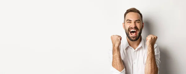 Close Successful Caucasian Man Joy Win Making Fist Pumps Celebrate — Stok Foto