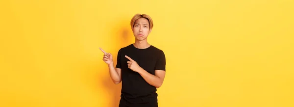 Portrait Disappointed Sad Handsome Blond Asian Guy Sulking Upset Pointing — Stock Photo, Image