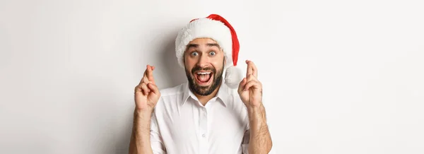 Party Winter Holidays Celebration Concept Happy Man Santa Hat Making — Stock Photo, Image