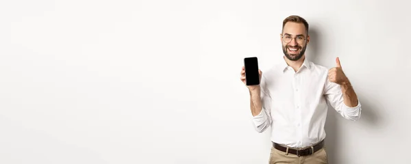 Satisfied Business Man Glasses Showing Thumbs Demonstrating Mobile Phone Screen — Stock Photo, Image