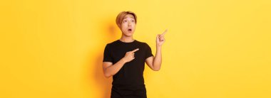 Etkilenmiş Asyalı adamın portresi sol üst köşeyi işaret ediyor, sarı arka planda duruyor..