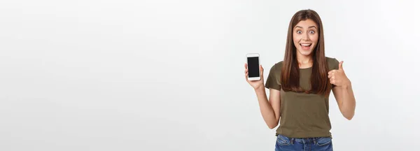Girl Holding Smart Phone Vacker Leende Flicka Som Håller Smart — Stockfoto