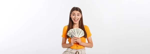 Ung Affärskvinna Hålla Pengar Isolerad Vit Bakgrund — Stockfoto