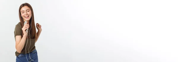 Портрет Веселой Милой Женщины Слушающей Музыку Наушниках Танцующей Белом Фоне — стоковое фото