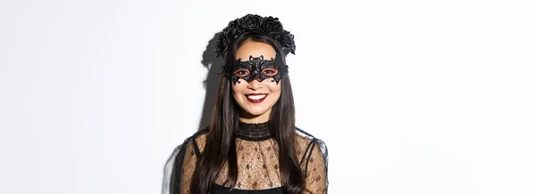Close Mysterious Woman Gothic Wreath Black Mask Smiling Camera Celebrating — Stock Photo, Image