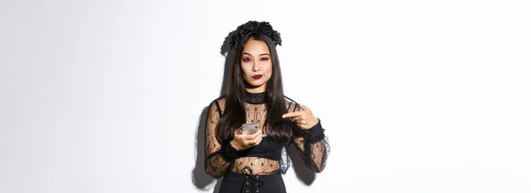 Sassy Beautiful Asian Woman Gothic Dress Black Wreath Pointing Finger — Stock Photo, Image