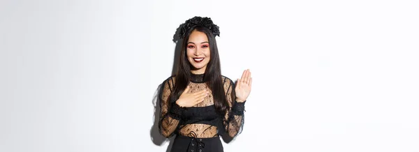 Bild Söt Uppriktig Asiatisk Flicka Halloween Kostym Gör Löfte Hålla — Stockfoto