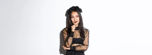 Thoughtful Beautiful Asian Woman Standing Black Lace Dress Gothic Wreath — Stock Photo, Image
