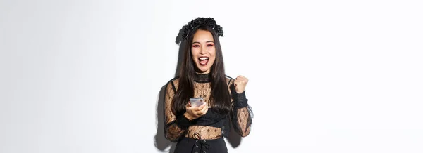 Image Successful Happy Asian Woman Celebrating Good News Fist Pump — Stock Photo, Image