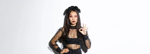 Sassy Beautiful Asian Woman Witch Costume Showing Okay Gesture All — Stock Photo, Image