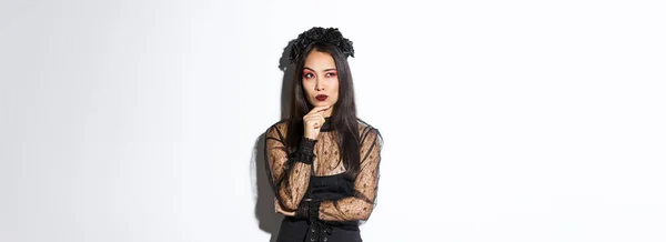 Thoughtful Elegant Evil Witch Black Lace Dress Gothic Wreath Makeup — Stock Photo, Image