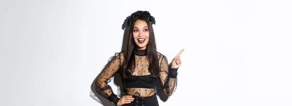 Excited Happy Asian Woman Black Lace Dress Wreath Looking Amazed — Stock Photo, Image