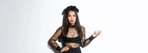 Angry Confused Asian Woman Witch Costume Looking Bothered Annoying Quetion — Fotografia de Stock