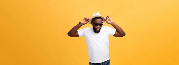 Close Portrait Young Man Laughing Hands Holding Hat Isolate Yellow — Stock Photo, Image