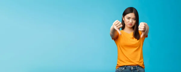 Upset Gloomy Asian Girl Dark Haircut Frowning Sulking Sad Disappointed — Stock Photo, Image