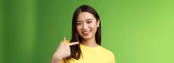 Close Joyful Proud Asian Assertive Girl Introduce Herself Pointing Own — Stock Photo, Image
