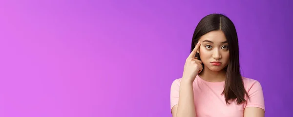 Shocked Asian Girl Scold Friend Unacceptable Behaviour Pointing Finger Temple — Stock Photo, Image