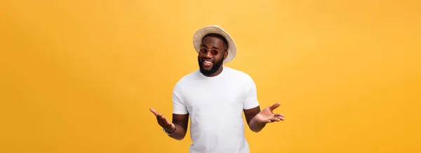 Portrait Handsome Young African Guy Smiling White Shirt Yellow Background — Stock Photo, Image