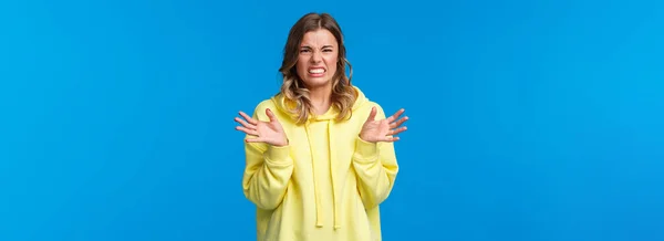 Young Woman Describing Disgusting Story Grimacing Aversion Dislike Raising Hands — Stock Photo, Image